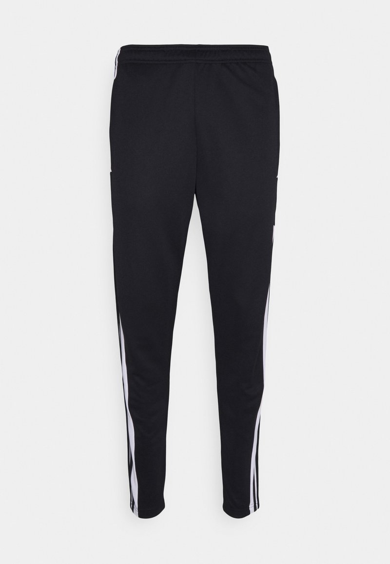 Pantalons de sport noirs avec une coupe décontractée, dotés de bandes latérales blanches, d'une taille élastique avec cordon de serrage, et de deux poches latérales. Fabriqués en tissu doux.