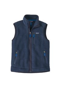 Gilet in pile blu navy con colletto alto, zip frontale e due tasche con zip. Presenta un tessuto testurizzato e zip di contrasto in blu.