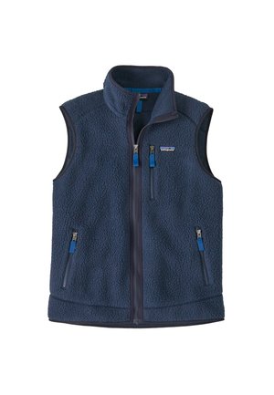 Gilet in pile blu navy con colletto alto, zip frontale e due tasche con zip. Presenta un tessuto testurizzato e zip di contrasto in blu.