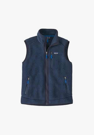Gilet in pile blu navy con colletto alto, zip frontale e due tasche con zip. Presenta un tessuto testurizzato e zip di contrasto in blu.