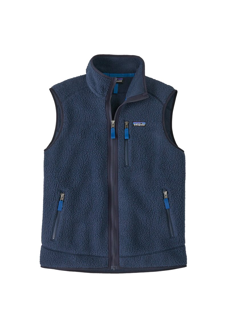 Gilet in pile blu navy con colletto alto, zip frontale e due tasche con zip. Presenta un tessuto testurizzato e zip di contrasto in blu.
