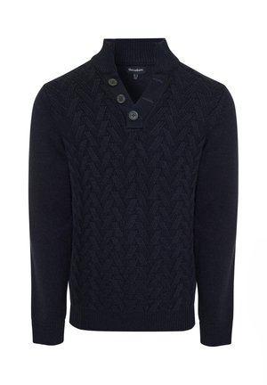 Mariene gebreide trui met een gestructureerd chevronpatroon, een sjawlborstel en twee knoopaccenten aan de voorkant. Lange mouwen.