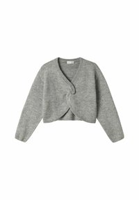 Grå stickad tröja med långa ärmar, V-ringning och detalj med twist fram. Mjuk textur, kort design och ribbad nederkant.