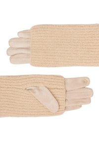 Beige gestrickte Handschuhe mit weichen Stoffflächen an den Handflächen und Daumen, flach ausgelegt, wobei ein Handschuh die Rückseite und der andere die Handflächenseite zeigt.