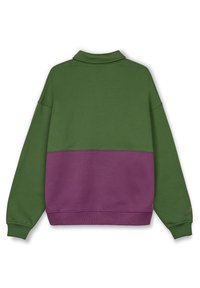 Sudadera bloqueada en verde y púrpura con collar, puños acanalados y detalle de costura en la parte posterior. Fabricada con tela suave, cuenta con un ajuste relajado.