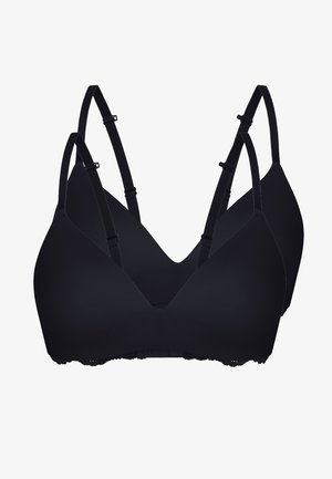 Black wireless bras with a triangular shape, seamless design, adjustable straps, and a scalloped lace trim along the bottom edge.