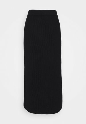 Jupe midi noire en maille avec taille élastique et silhouette droite sur fond clair uni.