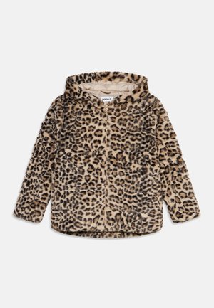 Veste à capuche manches longues pour enfant avec motif léopard beige et marron et fermeture éclair sur le devant.