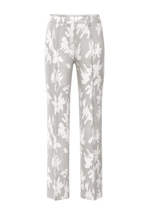 Light gray tailored pants with white floral print, front button, and pleats, displayed against a white background.
