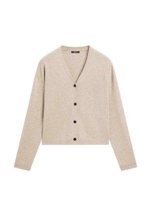 Beige gebreide cardigan met een v-hals, lange mouwen en zwarte knopen aan de voorkant. Eenvoudig ontwerp en zachte textuur. Verkorte lengte.