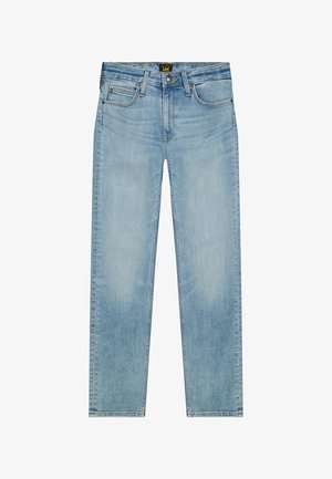 Lichtblauwe recht gesneden jeans met knoop en rits aan de voorkant, vijf-pocket ontwerp en Lee merklabel op de tailleband.