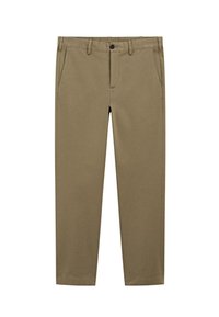 Khaki-Chinos aus Baumwolle mit schlankem Schnitt. Verfügt über zwei Fronttaschen, einen Knopfverschluss und ein sauberes, zulaufendes Bein-Design.