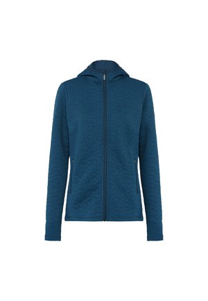 Blaues gesteppte Jacke mit einer enganliegenden Kapuze, durchgehendem Reißverschluss und zwei Fronttaschen, aus strukturiertem Stoff für Wärme und Komfort.