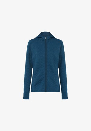 Blaues gesteppte Jacke mit einer enganliegenden Kapuze, durchgehendem Reißverschluss und zwei Fronttaschen, aus strukturiertem Stoff für Wärme und Komfort.