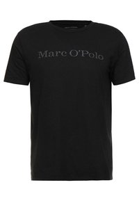 Schwarzes Baumwoll-T-Shirt mit Rundhalsausschnitt, kurzen Ärmeln und einem zentralen Logo-Druck mit der Aufschrift "Marc O'Polo" in Dunkelgrau. Klassische Passform.