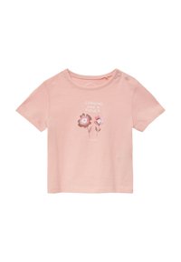 Helles pinkes Baumwoll-T-Shirt mit kurzen Ärmeln, das ein florales Design zeigt und den Text "Wachsen wie eine Blume" über den Blumen trägt.