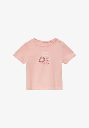 Lichtroze katoenen t-shirt met korte mouwen, voorzien van een bloemenontwerp en de tekst "Groei als een Bloem" boven de bloemen.