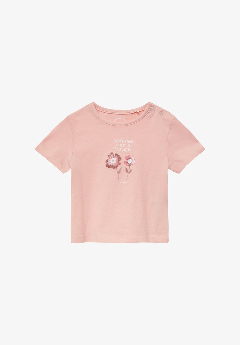 Lichtroze katoenen t-shirt met korte mouwen, voorzien van een bloemenontwerp en de tekst "Groei als een Bloem" boven de bloemen.