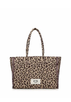 Borsa tote con stampa leopardata, due manici, forma rettangolare e un'etichetta bianca con la scritta "V°73 Venezia" al centro davanti.