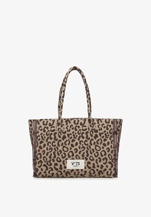 Sac fourre-tout imprimé léopard avec deux poignées, de forme rectangulaire, et une étiquette blanche au centre avant indiquant "V°73 Venezia".