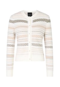 Weißer Cardigan mit strukturierten Mustern in sanftem Beige und Grau, mit rundem Halsausschnitt, Knopfverschluss sowie gerippten Bündchen und Saum.