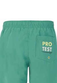Zeleni šortsevi s elastičnom trakom, koji imaju stražnji džep s natpisom "PRO TEST" ispisanim žutom i bijelom bojom, uz ukrasnu liniju ispod.