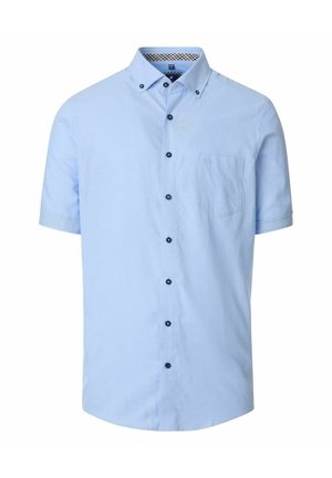 Lichtblauwe korte mouwen overhemd van katoen met een button-down kraag, zwarte knopen en een borstzak met een subtiele textuur.
