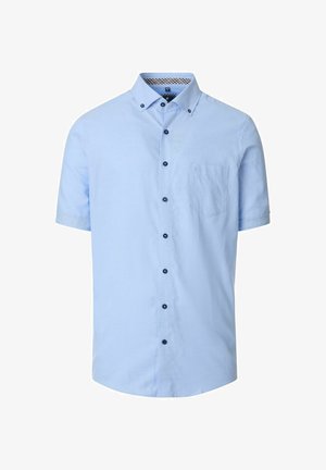 Lichtblauwe korte mouwen overhemd van katoen met een button-down kraag, zwarte knopen en een borstzak met een subtiele textuur.