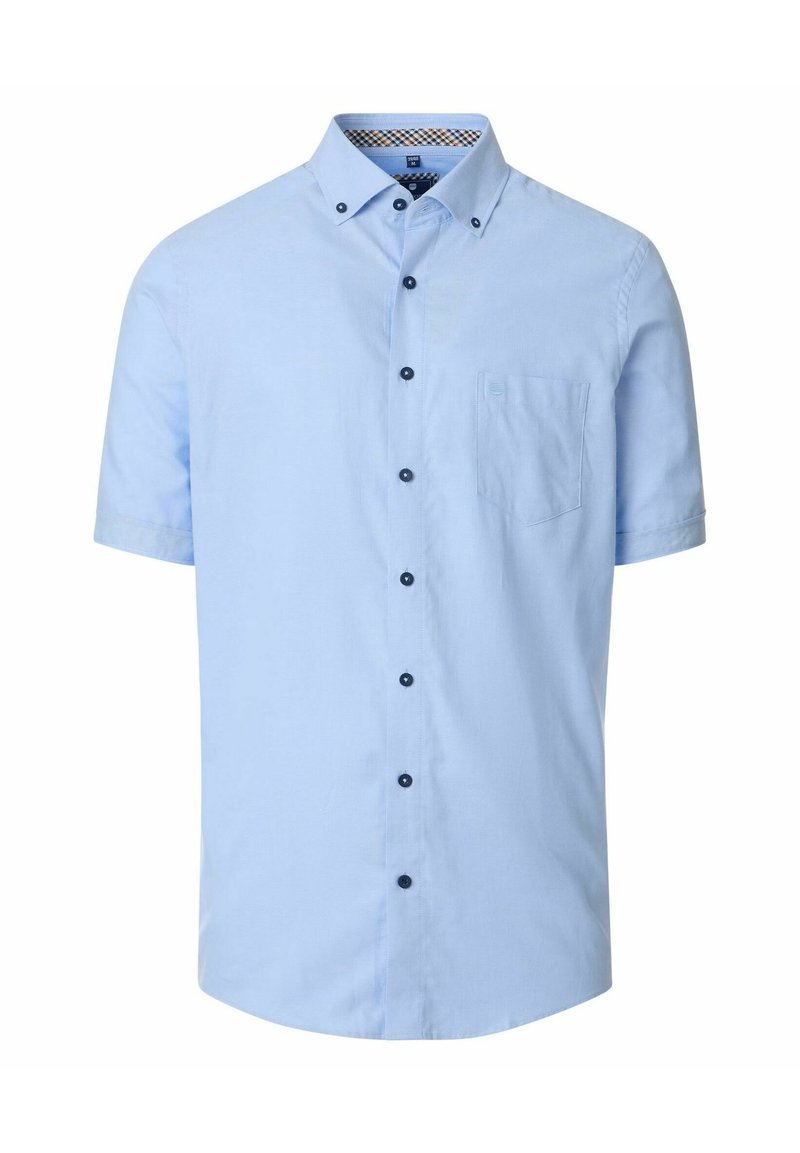 Jasnoniebieska koszula z krótkim rękawem wykonana z bawełny, z kołnierzykiem zapinanym na guziki, czarnymi guzikami oraz kieszenią na piersi z delikatną teksturą.
