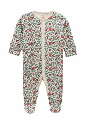 Rampers niemowlęcy z stopkami na kremowym tle, zdobiony czerwonymi truskawkami, zielonymi liśćmi i małymi zwierzakami, z zatrzaskami z przodu.