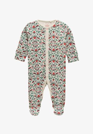Pijama para bebé con pies, fondo crema, decorado con fresas rojas, hojas verdes y pequeños animales, con botones a presión en la parte delantera.