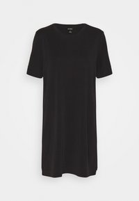 Vestido preto de mangas curtas feito de um tecido suave. Apresenta um decote redondo clássico e um corte relaxado, com detalhes em costura ao longo da bainha.