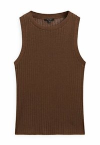 Ruskea ribbineulottu hihaton paita, jossa pyöreä pääntie ja pehmeä pinta, istuva malli, joka kapenee vyötäröltä.