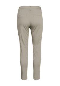 Beige op maat gemaakte broek met een slanke pasvorm, voorzien van twee achterzakken, een gladde textuur en omgeslagen enkels voor een verfijnde uitstraling.