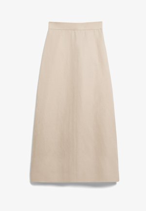 Jupe midi en lin beige avec une taille haute, de forme A et texture lisse. Design simple, sans motifs visibles ni embellissements.