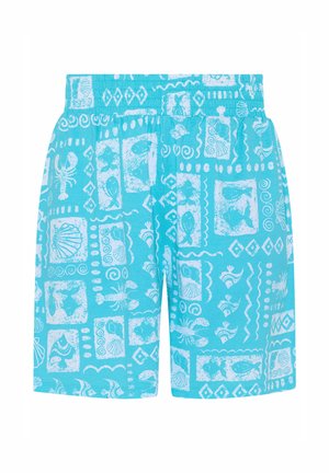 Turkoosit shortsit, joissa on valkoisia meren teemoja, kuten kaloja, simpukoita, hummereita ja abstrakteja muotoja, ja niissä on joustava vyötärönauha.
