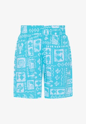 Turkusowe spodenki z białymi wzorami o tematyce morskiej, w tym rybami, muszlami, homarami i abstrakcyjnymi kształtami, wyposażone w elastyczny pas.