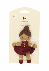 Soft fabric pocket toy with a brown-skinned doll wearing a maroon dress and bow, featuring stitched facial details and a tag.