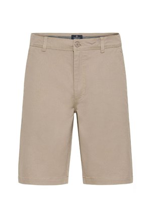 Bēša kokvilnas šorti ar plakanu priekšpusi, jostu cilpiņām un pogas aizdari. Gluda tekstūra, līdz ceļiem garš un klasiskā dizainā.