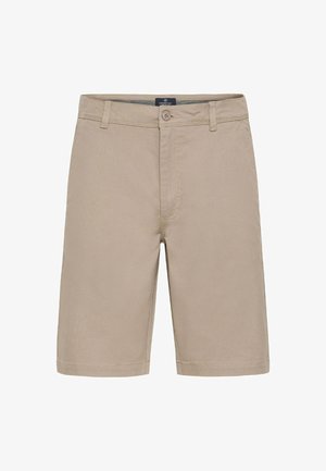 Beige bomulds shorts med flad front, bæltestropper og knappelukning. Glat tekstur, knælængde og klassisk design.