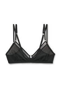 Svart bralette med triangulär form, genomskinliga meshpaneler, justerbara axelremmar och en metallring som accent vid mitten. Mjuk tygtextur.