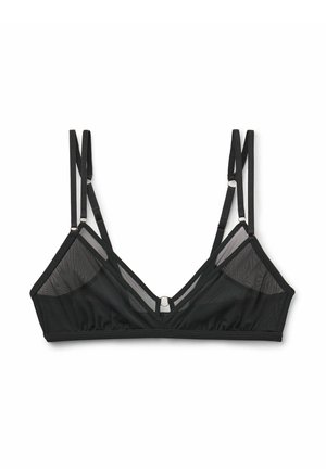 Zwarte bralette met een triangulaire vorm, doorschijnende meshpanelen, verstelbare bandjes en een metalen ringaccent in het midden. Zachte stoftextuur.