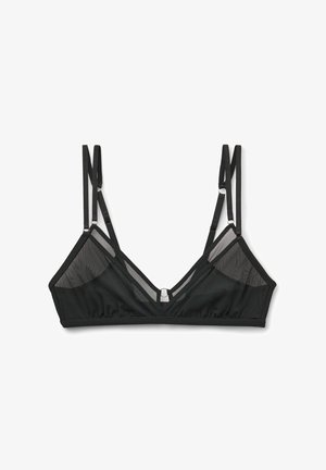 Zwarte bralette met een triangulaire vorm, doorschijnende meshpanelen, verstelbare bandjes en een metalen ringaccent in het midden. Zachte stoftextuur.