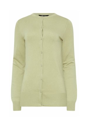 Lys grøn cardigan lavet af blødt strikket stof. Har rund halsudskæring, knaplukning foran, lange ærmer og ribkantede manchetter.