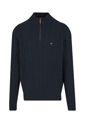 Dunkelblauer gestrickter Pullover mit hohem Kragen, ausgestattet mit einem Viertelreißverschluss und Kabelstrickmuster. Gerippte Bündchen und Saum. Dezentes Logodetail.