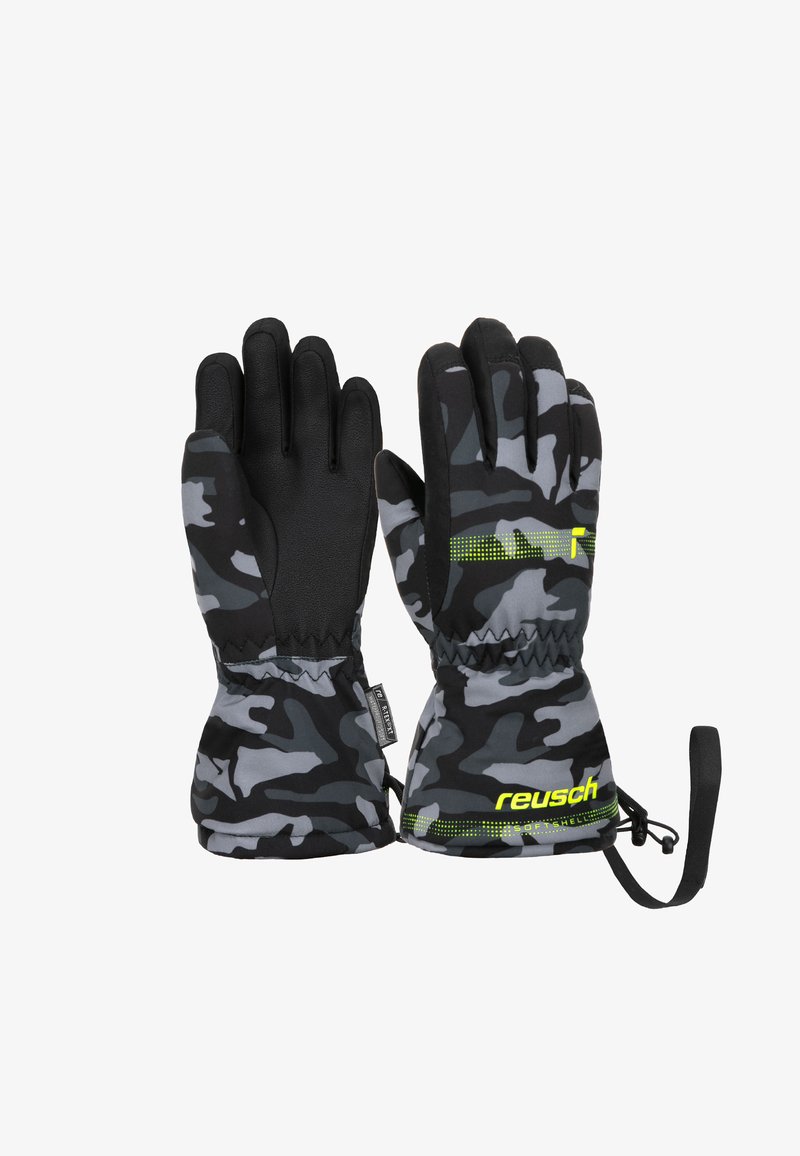 Schwarze und graue Camouflage-Handschuhe mit elastischen Bündchen, strukturierten schwarzen Handflächen und einem gelben Logo. Verfügt über einen sicheren Handgelenksriemen und Material aus Softshell.