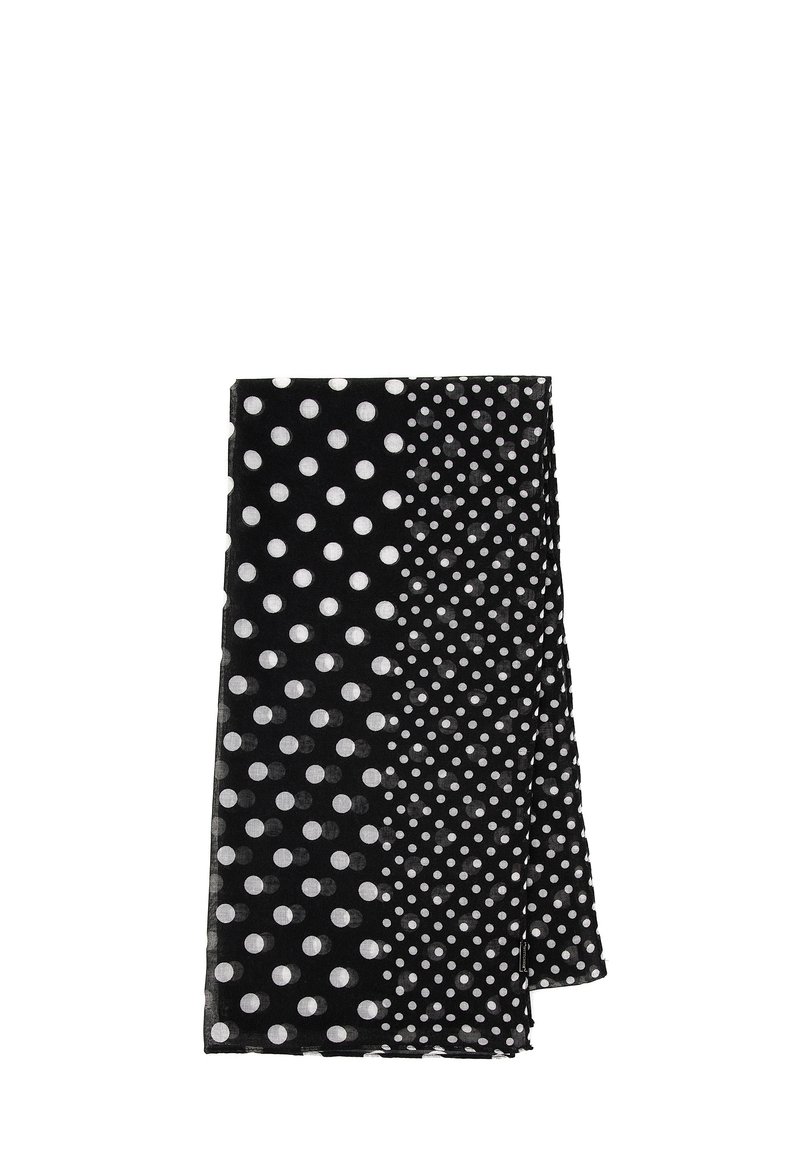 Zwarte sjaal met een stippenpatroon, met grote witte stippen aan de ene kant en kleinere stippen aan de andere kant, gestructureerde stof, rechthoekige vorm.
