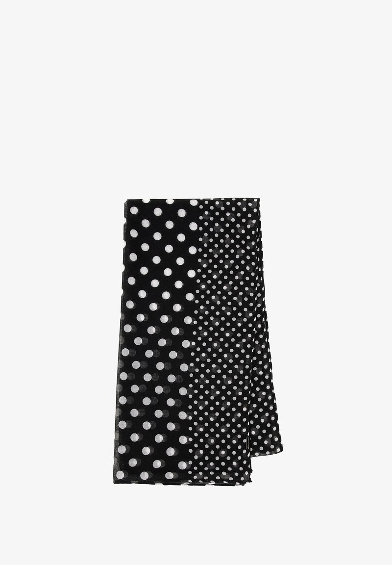 Zwarte sjaal met een stippenpatroon, met grote witte stippen aan de ene kant en kleinere stippen aan de andere kant, gestructureerde stof, rechthoekige vorm.