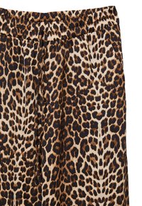 Leopardenmuster-Hosen mit elastischem Bund, die eine glatte Textur und eine Mischung aus Braun-, Schwarz- und Cremetönen aufweisen.