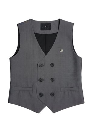 Gilet da uomo grigio doppiopetto con sei bottoni neri, due tasche anteriori e logo "JR" sul petto, con etichetta Richmond all'interno del colletto.